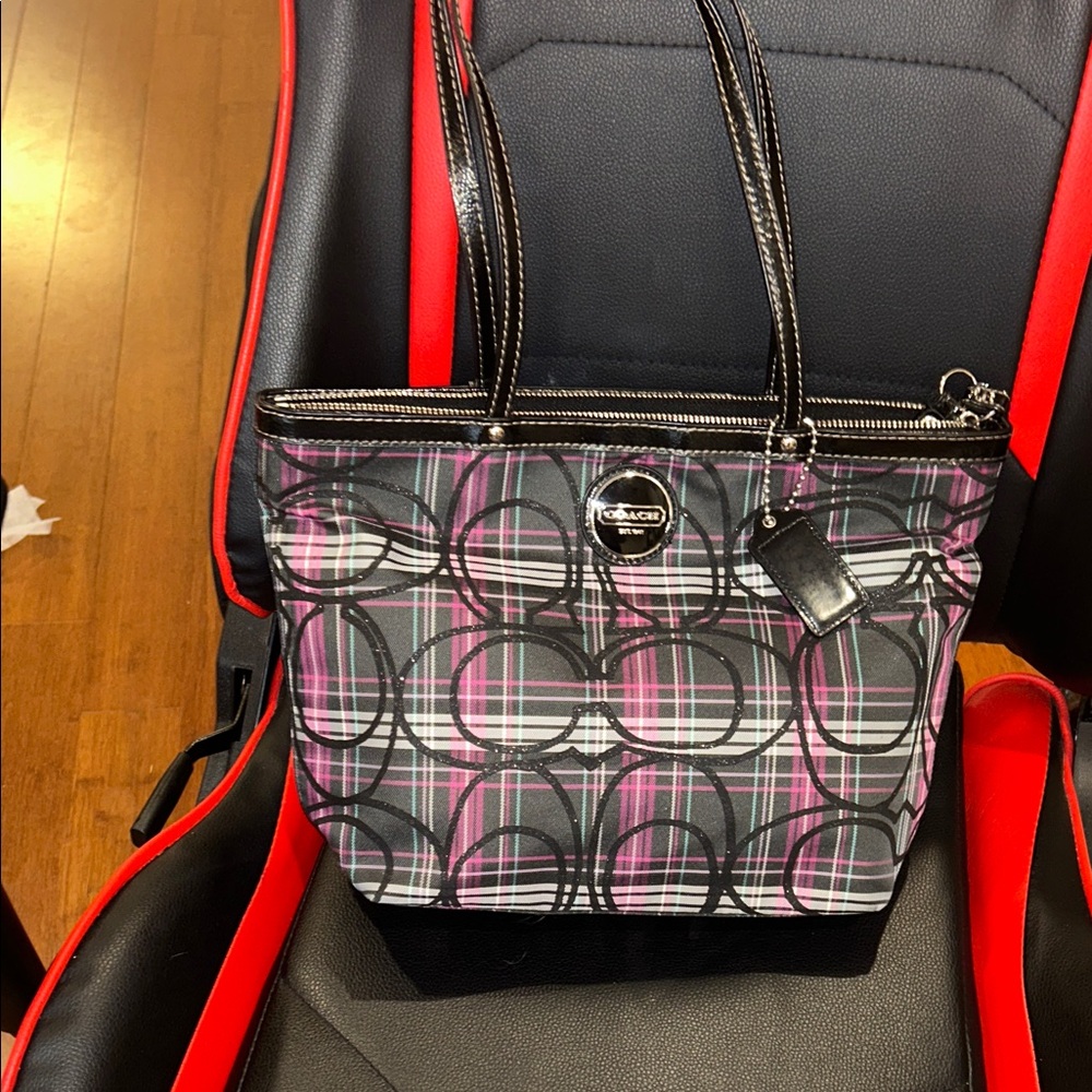 Authentic Coach Signature Plaid Tote - Black and Pink